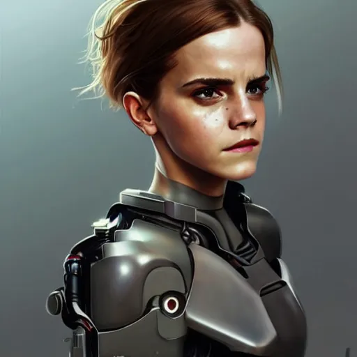 Prompt: Emma Watson as a cyborg android Terminator from the terminator movie, digital painting, artstation, concept art, sharp focus, illustration, art by greg rutkowski and alphonse mucha, highly detailed