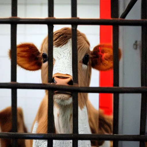Image similar to cute calf dressed as an inmate behind bars