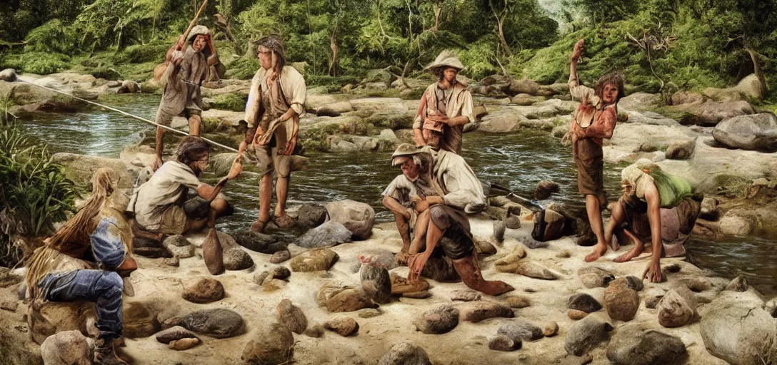 Prompt: prehistoric people, asemble at the river bank, make stone adze from pebble at the river bank in the rainforest, and fishing, high qulity realistic face, hyper - realistic, highly detailed, 8 k, cinematic lighting, global illumination, elegant, ornate, super detail, the light is dim, and the colours are muted. kodak etkar 1 0 0