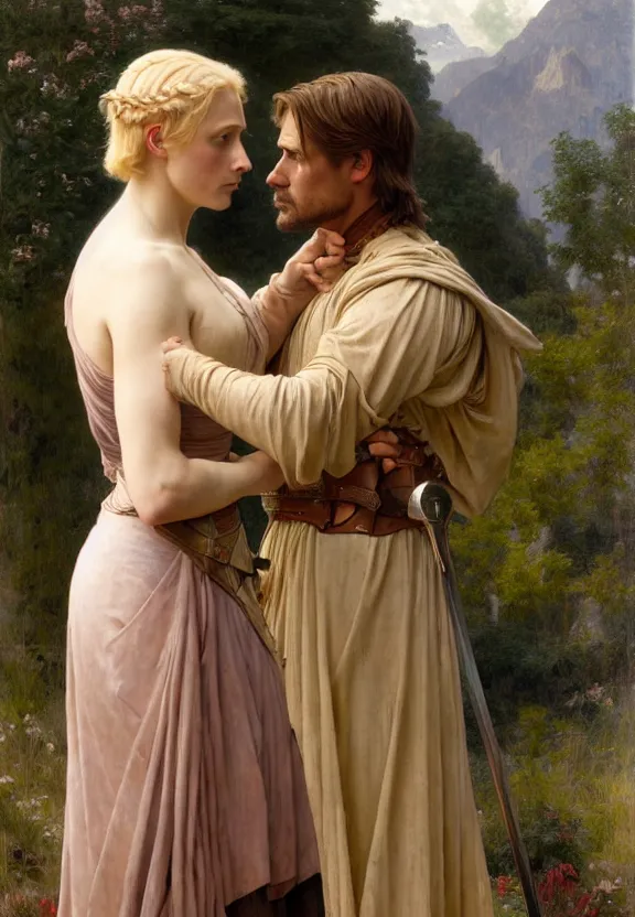 Image similar to attractive handsome fully clothed jaime lannister confesses his love for attractive fully armored brienne of tarth. centered composition. arthurian mountain and forest background. highly detailed painting by gaston bussiere and j. c. leyendecker and william adolphe bouguereau and fra angelico and octane render, musee d'orsay 8 k