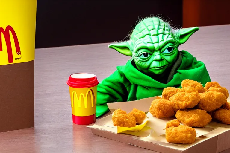 Prompt: yoda, upset, yoda sitting behind a table inside mcdonald's, small red cardboard box on table, yellow m logo on box, chicken mcnugget on tray 3 5 mm, f / 2. 8