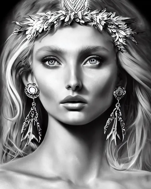 Image similar to realism tattoo sketch of elsa hosk as a beautiful greek goddess aphrodite with piercing eyes wearing a laurel wreath and triangle earrings, in the style of greg rutkowski, amazing detail