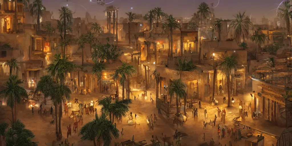 Image similar to painting of an old african city with a mix of traditional african and egyptian architecture, tiny glowing lights hovering between houses, people flying in the skies above, people talking in the streets and greenery growing between the buildings, photoreal, trending on artstation