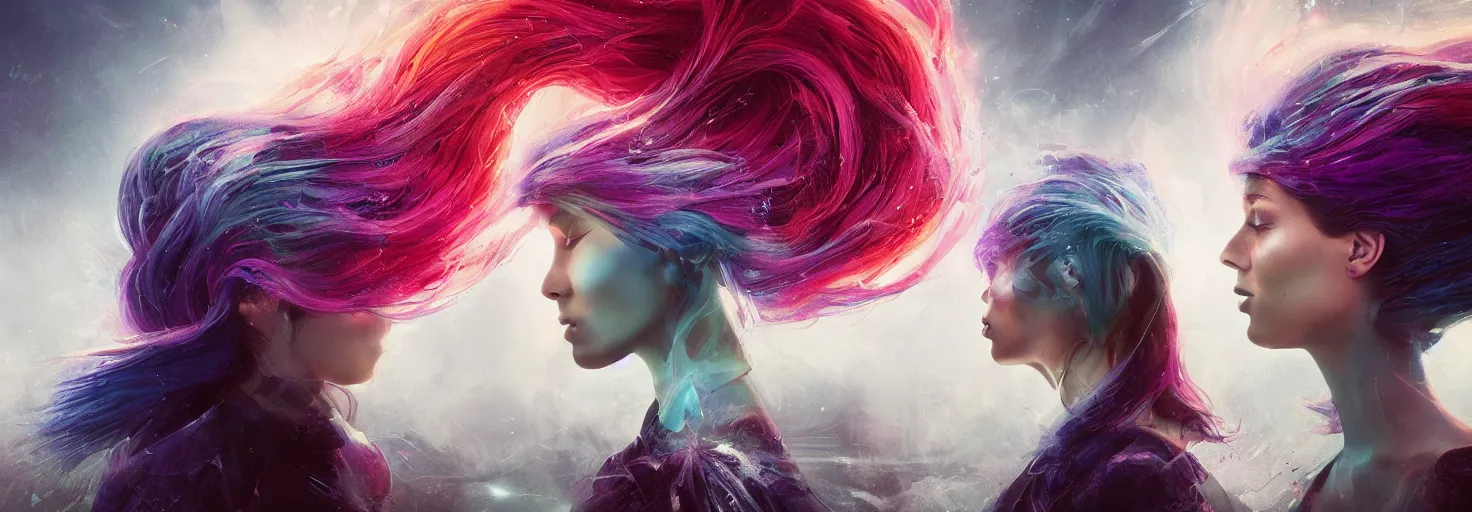Image similar to album art two people back to back connected by their spiral hair bold colors, epic lighting, minimal background Greg rutkowski