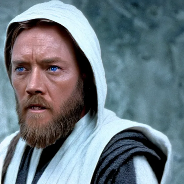 Image similar to obi wan kenobi shaves half his face, photoralistic rendering, movie still, screenshot, hyperdetailed