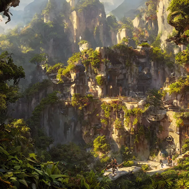 Image similar to secret overwatch headquarters carved inside a mountain surrounding a lush garden, trimmed, magical, natural light, fantasy, architecture, sharp focus, concept art, by greg rutkowski and craig mullins, atmospheric, octane render