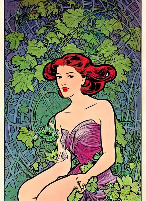 Image similar to a beautiful young woman. she is a flower fairy. well composed, clean elegant painting, beautiful detailed face. retro comic book art by steve ditko and jack kirby and ( alphonse mucha )