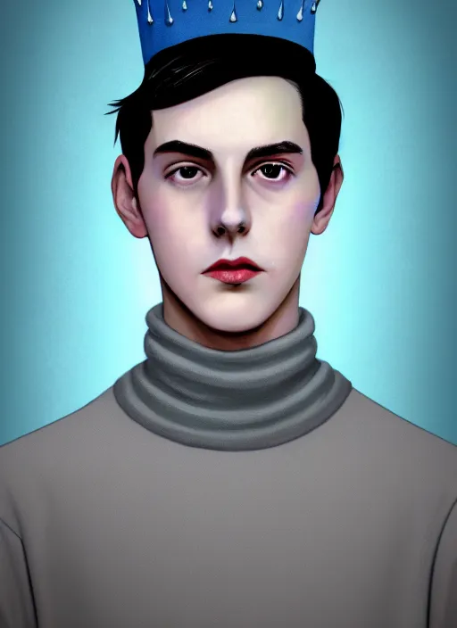 Image similar to portrait of teenage jughead jones wearing a light grey crown, crown, blue turtleneck, 1 9 5 0 s, closed eyes, photorealistic, black hair, glowing lighting, intricate, elegant, glowing lights, highly detailed, digital painting, artstation, concept art, smooth, sharp focus, illustration, art by wlop, mars ravelo and greg rutkowski