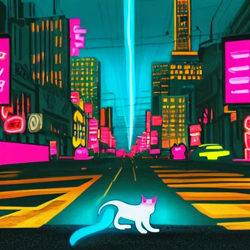 Prompt: neon city with a cat in the road cinematography