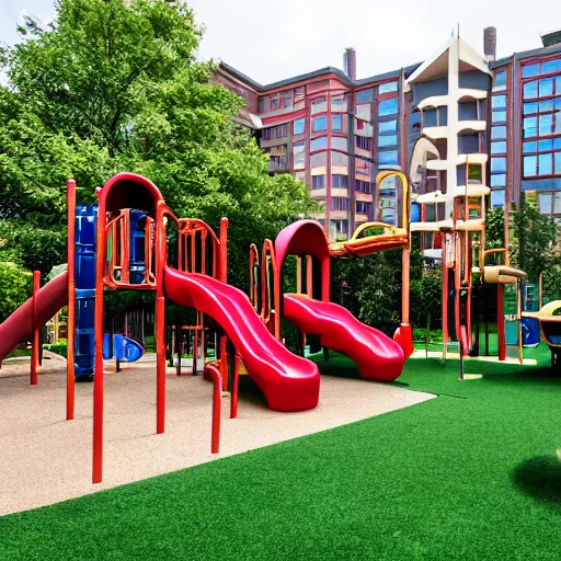 Prompt: A yard with a playground and paneled five-story buildings