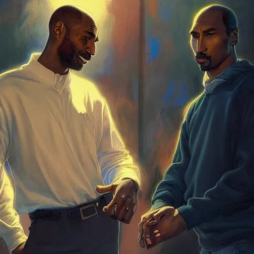 Prompt: Portrait of steve jobs and tupac sitting in heaven and smoking weed, intricate, highly detailed, digital painting, artstation, concept art, smooth, sharp focus, art by artgerm and greg rutkowski and alphonse mucha