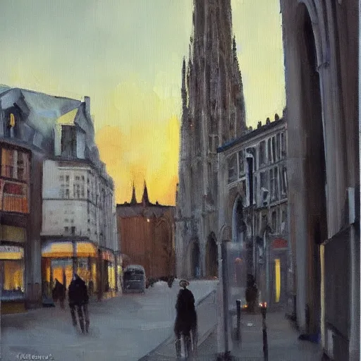 Prompt: an oil painting of Amiens, artstation, interesting lights, cathedral in background, perret