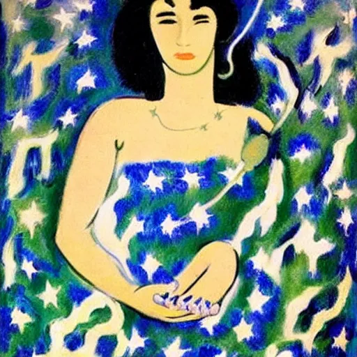 Image similar to The conceptual art features a woman with wings made of stars, surrounded by a blue and white night sky. The woman is holding a staff in one hand, and a star in the other. She is wearing a billowing white dress, and her hair is blowing in the wind. aboriginal art by Henri Matisse ghostly