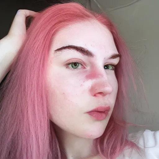 Image similar to a pale girl with pink hair and yellow eyes, soft facial features, looking directly at the camera, neutral expression, instagram picture