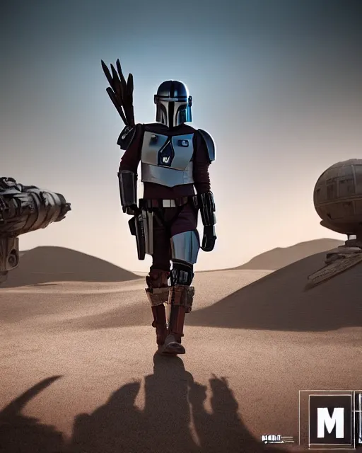 Prompt: off angle beautiful full body shot film still of the Mandalorian at night in science fiction post apocalyptic Mos Eisley city i’m tattooine, explosions, volumetric lighting, dust, smoke, fire, action pose, low angle, hard surface modeling, lens flare, J.J. Abrams , Gilbert Taylor, George Lucas, zbrush, unreal, blender, redshift, 3d model, 8k