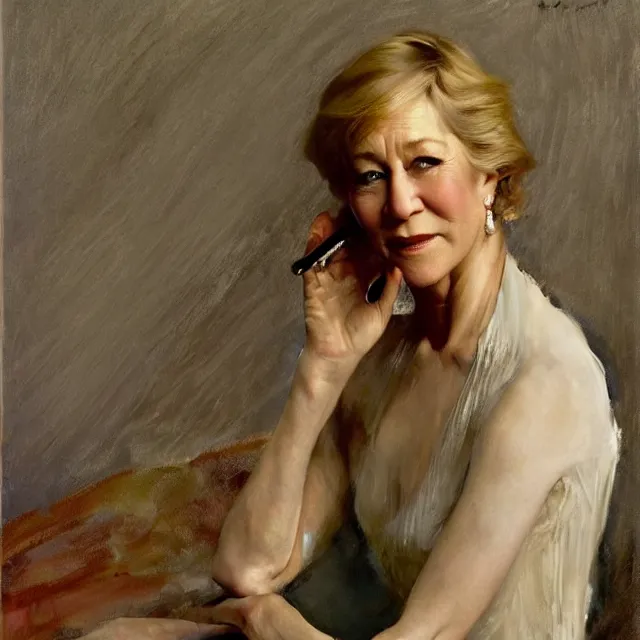 Prompt: a striking portrait of helen mirren by john singer sargent, norman rockwell, and andrew wyeth, strong brushwork, natural light, color palette of pastels and earth tones