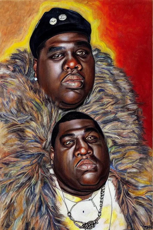 Image similar to a full body!! portrait of biggie smalls wearing boho - chic style clothes, with a fur muffler and feathers, realistic painting in egon schiele style, masterpiece, hyperdetailed, complex, intricate, 4 k, hyperrealistic, trending on artstation