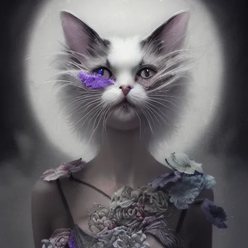 Prompt: picture generation, soft painting curiosities carnival, beautiful cat head mutation in full long dress, accurate features, focus, very intricate ultrafine details, black white purple volumetric clouds, award winning masterpiece, octane render 8 k hd, tom bagshaw artstyle