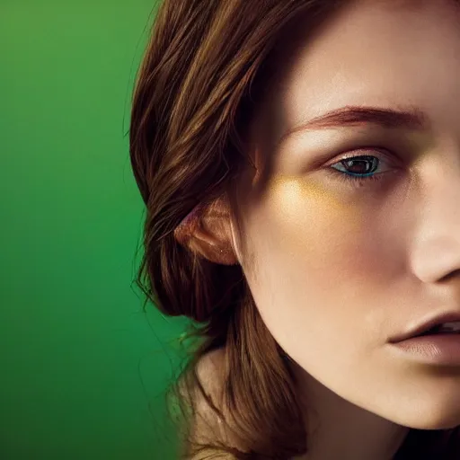 Image similar to photograph of a cute woman with bronze brown hair and vivid green eyes, light makeup, golden hour, 8k, photographed by Erwin olaf