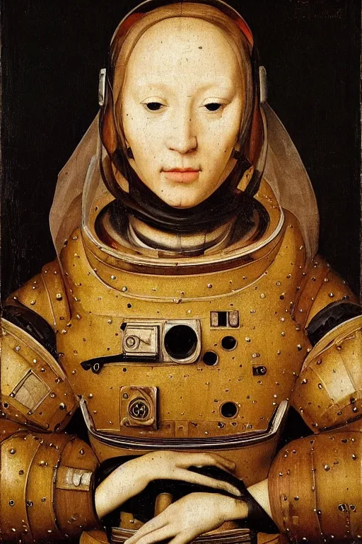 Prompt: 1 4 0 0 s renaissance portrait of an android woman astronaut with no face oil painting by jan van eyck, northern renaissance art, oil on canvas, wet - on - wet technique, realistic, expressive emotions, intricate textures, illusionistic detail