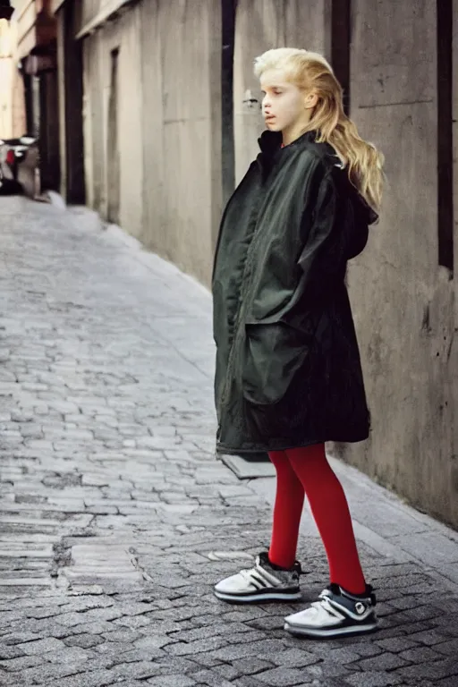 Image similar to high quality realistic street photo of girl, blond hair, clothes in the style of 1 9 9 0, sneakers, lowered socks, loose coat ; kodak ektar, 2 0 0 iso, 3 5 mm lens, bill henson style beautiful chiaroscuro lighting, beautiful colour palette, beautiful and realistic, wide shot