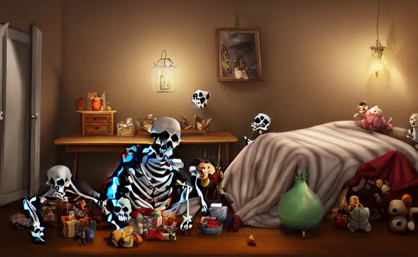 Image similar to matte oil painting of a skeleton dressed in pajamas and nightcaps and robes and slippers inside of a dim bedroom that is full of knickknacks and toys, sleepy, cozy, warm