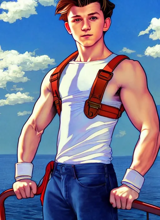 Image similar to muscular cute tom holland wearing white sailor outfit on a steam boat, natural lighting, path traced, highly detailed, high quality, digital painting, by don bluth and ross tran and studio ghibli and alphonse mucha, artgerm