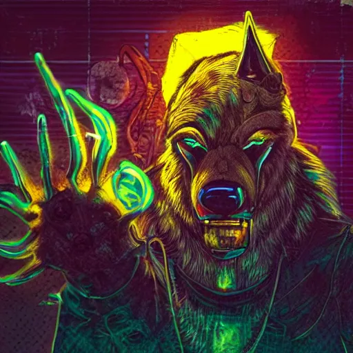 Image similar to wolf headed shaman, meditating, floating, angry, cyberpunk, junkyard, neon glow, electric glow, dark dynamic lighting