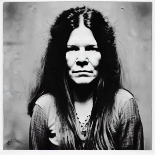 Prompt: Mugshot Portrait of Janis Joplin, taken in the 1970s, photo taken on a 1970s polaroid camera, grainy, real life, hyperrealistic, ultra realistic, realistic, highly detailed, epic, HD quality, 8k resolution, body and headshot, film still, front facing, front view, headshot and bodyshot, detailed face, very detailed face
