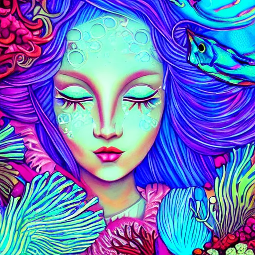 Image similar to coral underwater colorful, fantasy, intricate, highly detailed, little fish and sea life digital painting, hd, trending on artstation, illustration, fine lines, sharp edges, colourful, attractive woman, swimming,