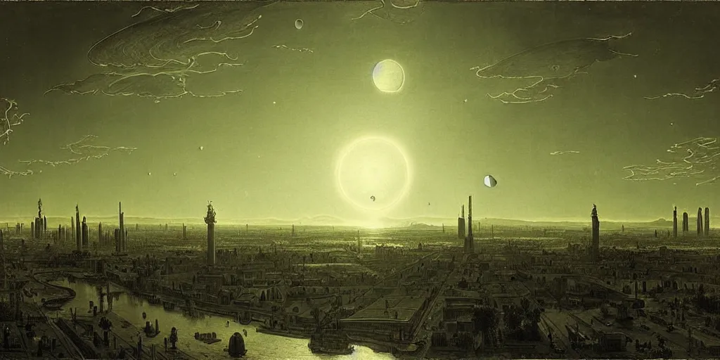 Image similar to planetary city, 2 suns on the horizon by ansel adams and bernardo bellotto