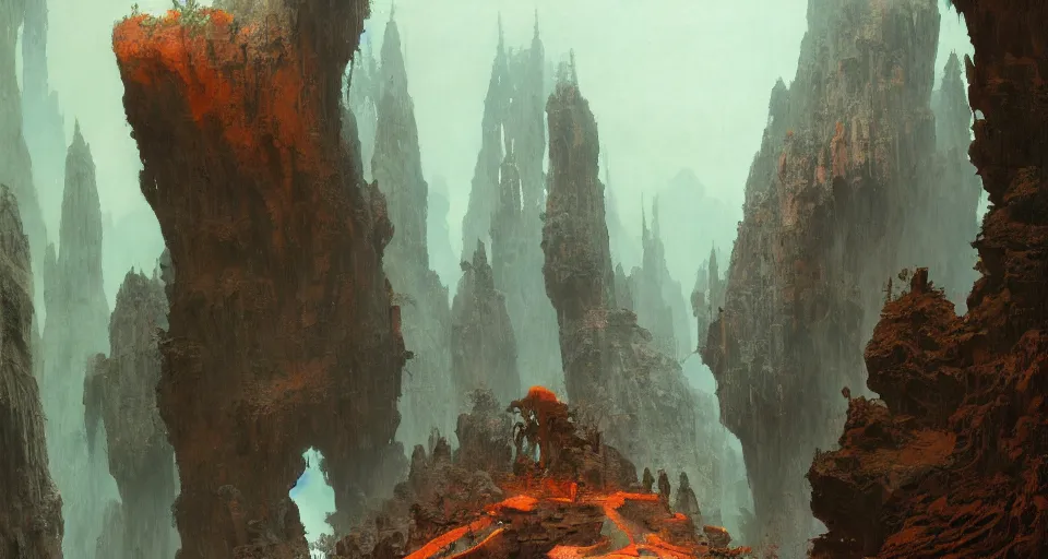 Image similar to unknown depth. a slender bridge of stone that spanned the chasm with one curving spring of fifty feet, rune - carved stone monolith intricate, vivid colors, elegant, highly detailed, john park, frazetta, john howe, ruan jia, jeffrey catherine jones