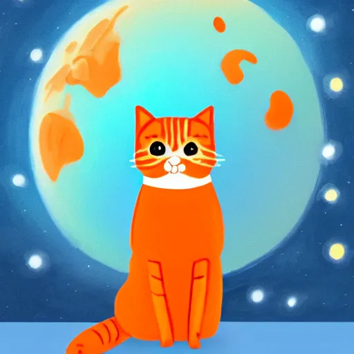 Image similar to A fuzzy orange cat sitting on planet earth, space with stars in the background, trending on artstation