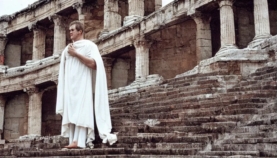 Prompt: 1 9 6 0 s movie still close - up of caligula in a white toga dead on the ancient amphitheater's stairs blood flaque, cinestill 8 0 0 t 3 5 mm, high quality, heavy grain, high detail, dramatic light, anamorphic, blood
