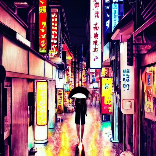 Image similar to japan narrow street with neon signs and a girl with umbrella wearing techwear, digital art, sharp focus, wlop, artgerm, beautiful, award winning,