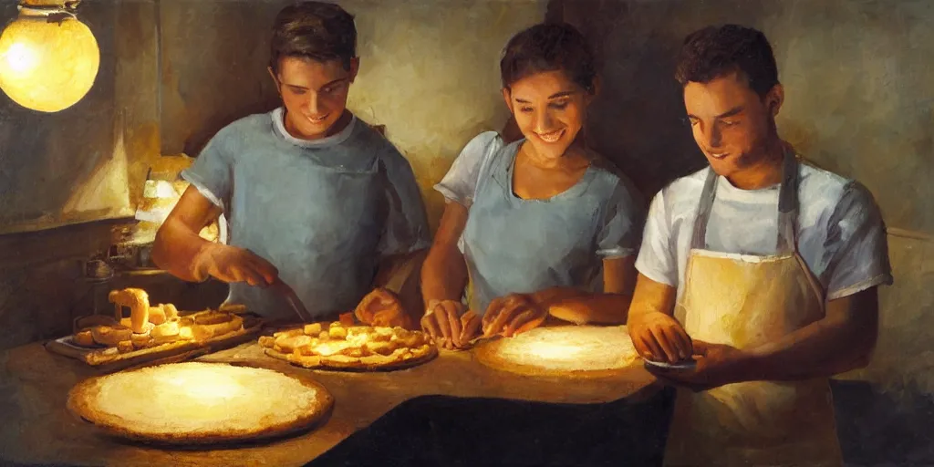 Image similar to oil painting of one young man and one young woman baking waffles in romantic light