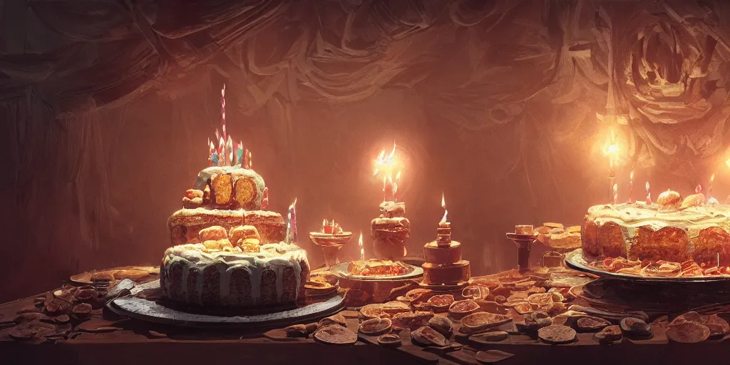 Image similar to Intricate detailed illustration, birthday cake decorated with sausages, cinematic lighting, by Sparth and Greg Rutkowski, wide angle, volumetric light scattering, 8k, artstation, concept art,