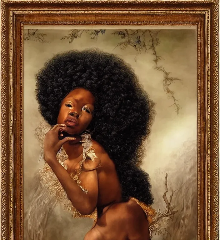 Image similar to a breathtakingly stunningly beautifully highly detailed portrait of a afro queen, ornately framed, by rosetti and devinci and michael cheval and sidney cooper and turner, 4 k