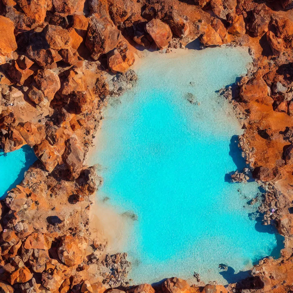 Prompt: bismuth boulders, orange sand desert with pools of bright milky blue water, birds eye view, dreamy