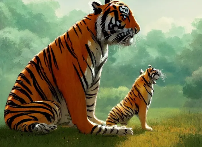 Image similar to a key shot of Tiger looking at bunny animation at mid-day, medium shot, waist up, studio Ghibli, Pixar and Disney animation, sharp, key art by Greg Rutkowski, dramatic lighting, flat texture