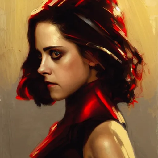 Image similar to alison brie as kristen stewart as iron man, intricate, elegant, highly detailed, greg manchess, mucha, liepke, ruan jia, jeffrey catherine jones, ridley scott