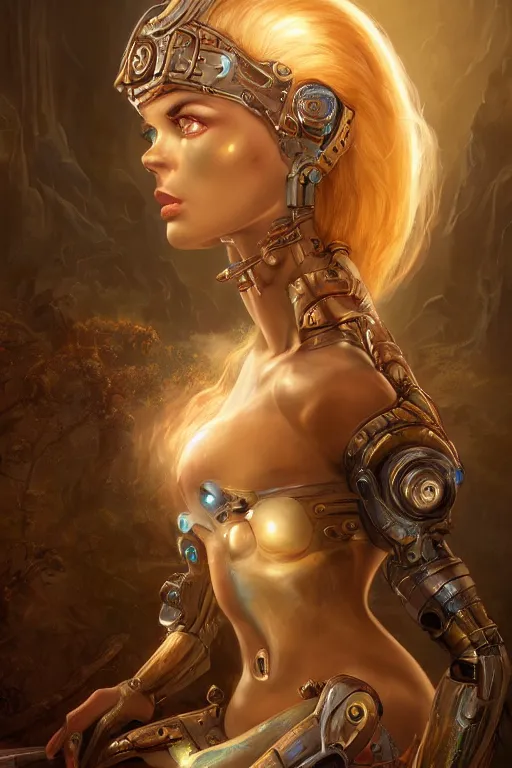 Image similar to portrait of a beautiful female hybrid cybernetic atlantean anubis elsa jean alien warrior, regal, realistic, refined, detailed, digital art, jessica rossier, michael cheval, esao andrews, steampunk, walt disney ( 1 9 3 7 ), francois boucher, oil painting, highly detailed, cinematic lighting, unreal engine, 8 k, hd