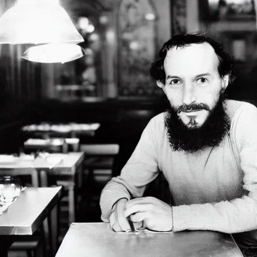 Prompt: photo of a frenchman from france seated in a restaurant ( ( ( ( ( in the year 1 9 8 0 ) ) ) ) ). 5 0 mm, studio lighting