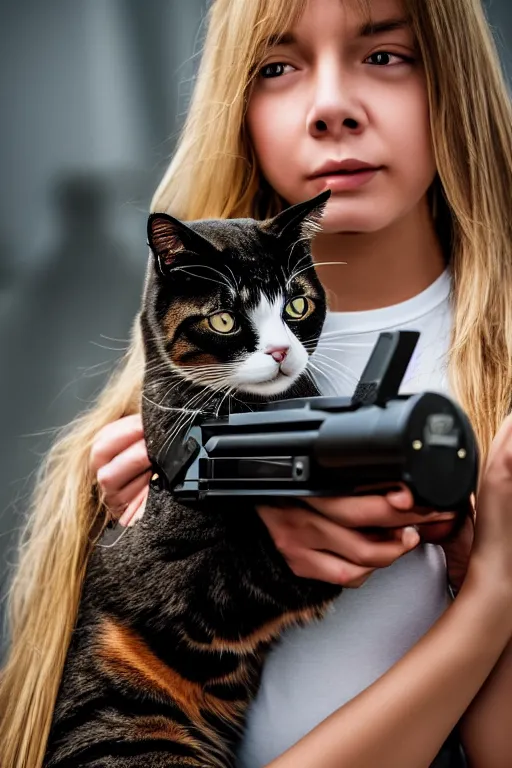 Image similar to photo of the girl, her cat and her railgun, symmetrical, cinematic, real dlsr photography, sharp focus, 4 k, ultra hd, sense of awe, military journal cover