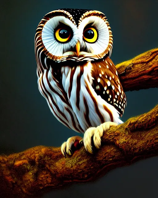 Prompt: an extremely detailed masterpiece painting of a northern saw - whet owl on a limb, in the style of brian froud, brian despain, brian bolland, digital art, unreal engine, volumetric lighting, dark moody lighting, trending on artstation, photorealistic, epic scene