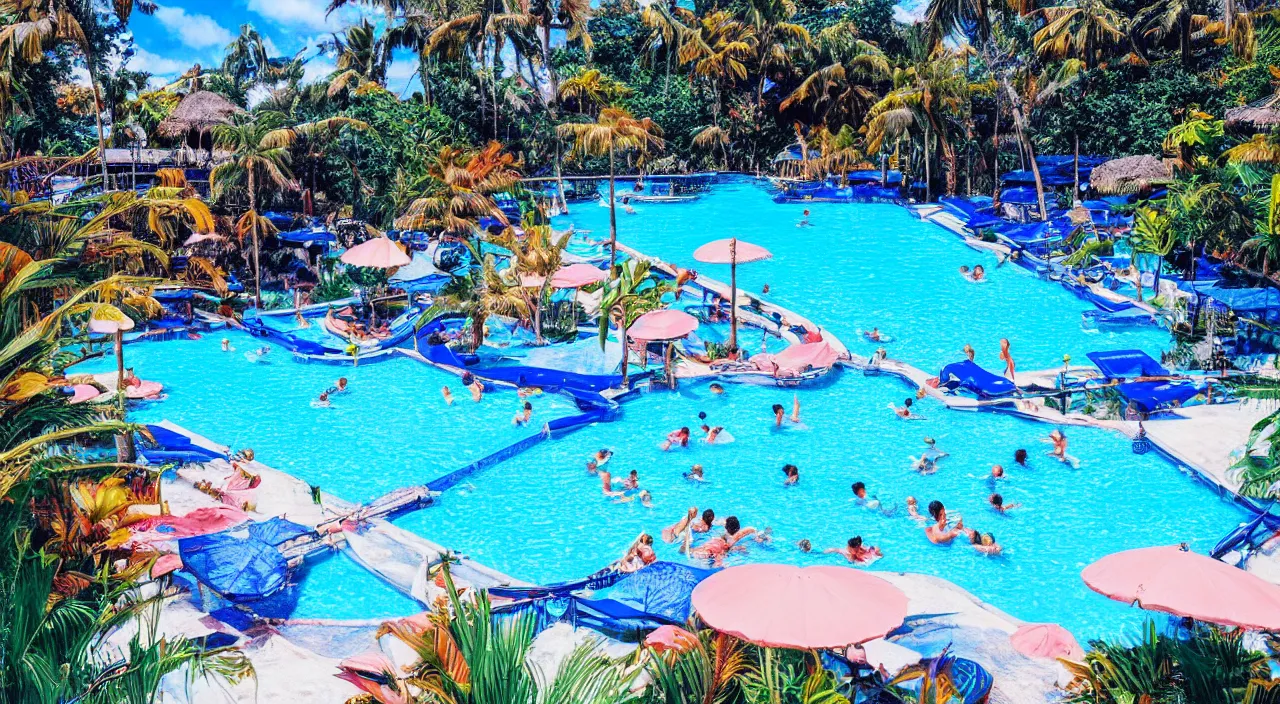 Image similar to a beautiful day at a tropical pool,colorised,photograph