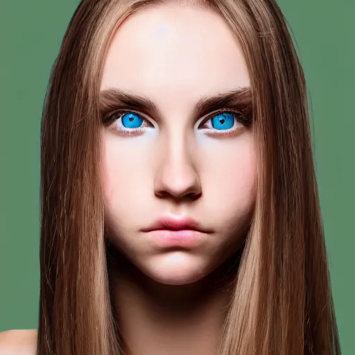 Prompt: brunette with dyed blonde hair, 21 years old, 165 cm tall, long flat hair, blonde, green eyes, 20% smaller nose, small mouth, round shaped face, big forehead, lop eared, thin eyebrows, real life Carl Zeiss optics photo