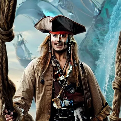 Image similar to Live Action Still of Jerma as a pirate in Pirates of the Caribbean, real life, hyperrealistic, ultra realistic, realistic, highly detailed, epic, HD quality, 8k resolution, body and headshot, film still