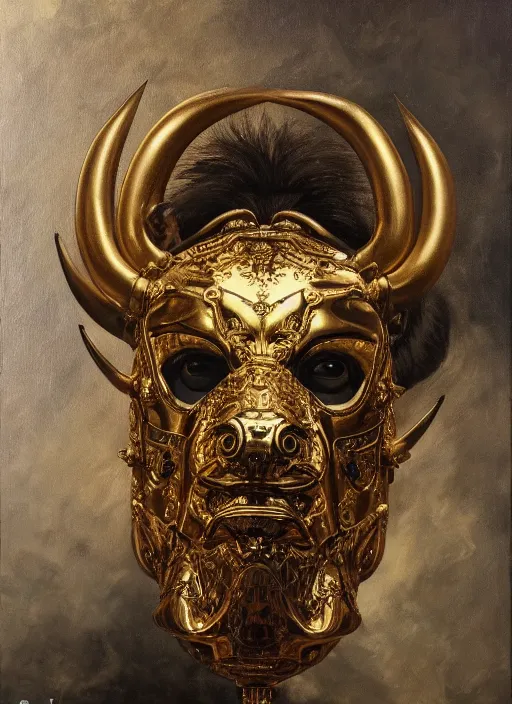 Image similar to highly detailed oil painting | very intricate | cinematic lighting | award - winning | the bull mask by alexander mcqueen, 9 0 mm | by roberto ferri, by leng jun, by j. c. leyendecker and klimt, american romanticism, by austin osman spare, artstation, cgsociety, official art, octane