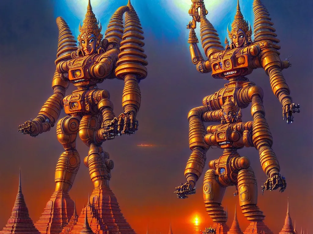 Prompt: a thai hindu architecture mecha, tim hildebrandt, wayne barlowe, bruce pennington, donato giancola, trending on artstation, cinematic composition, beautiful lighting, hyper detailed, 8 k, oil on canvas